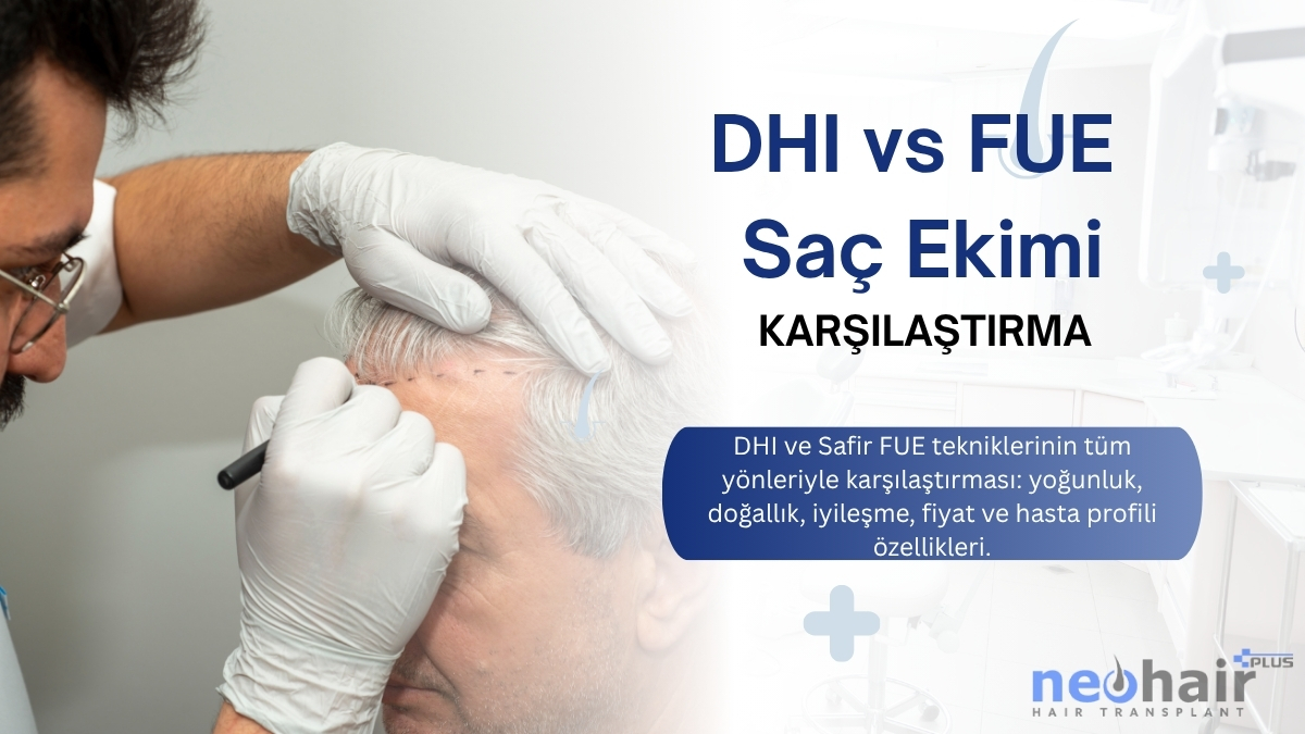 DHI ve FUE saç ekimi tekniklerinin detaylı karşılaştırması: fiyat, sonuç, süre, doğallık ve hasta profili açısından uzman analiz.