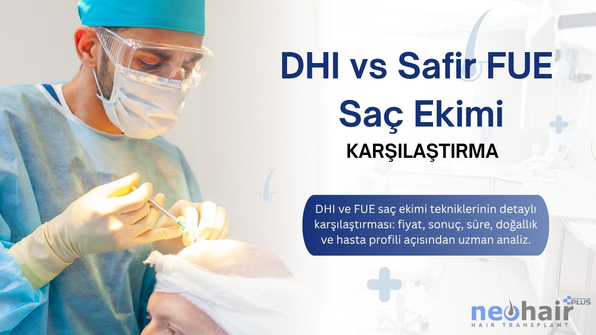 DHI ve Safir FUE tekniklerinin tüm yönleriyle karşılaştırması: yoğunluk, doğallık, iyileşme, fiyat ve hasta profili özellikleri.