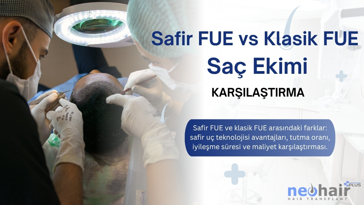 Safir FUE ve klasik FUE arasındaki farklar: safir uç teknolojisi avantajları, tutma oranı, iyileşme süresi ve maliyet karşılaştırması.